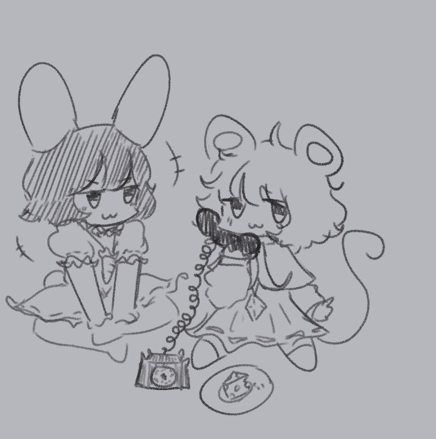 2girls animal_ears carrot cheese dress food holding holding_phone inaba_tewi melansoda monochrome mouse_ears mouse_tail multiple_girls nazrin on_floor phone pinafore_dress plate rabbit_ears rabbit_tail rotary_phone sitting tail touhou