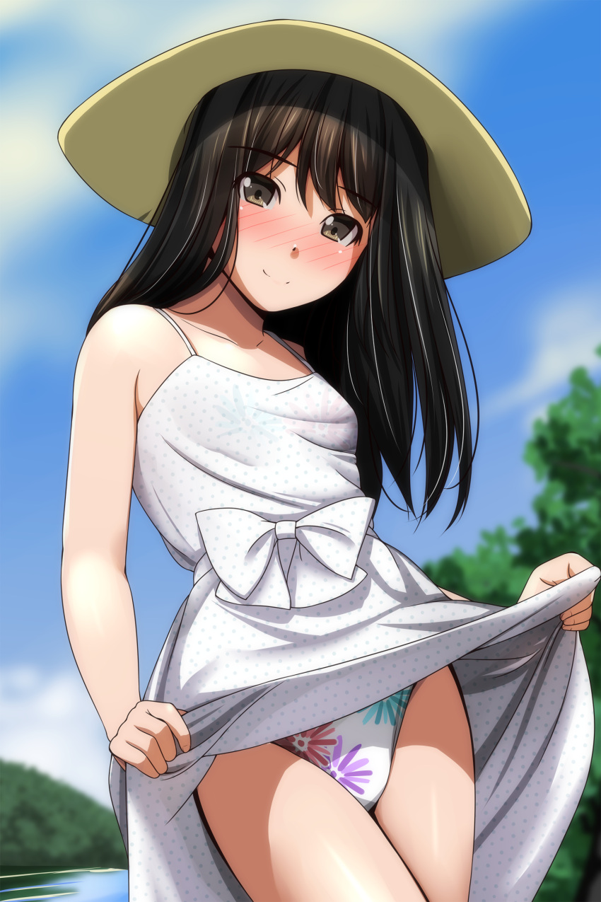 1girl absurdres bangs bare_arms bare_shoulders black_hair blue_sky blurry blurry_background blush bow brown_eyes closed_mouth clothes_lift clouds day depth_of_field dress dress_lift eyebrows_visible_through_hair floral_print hat highres lifted_by_self long_hair looking_at_viewer matsunaga_kouyou nose_blush one-piece_swimsuit original outdoors polka_dot polka_dot_dress print_swimsuit sky sleeveless sleeveless_dress smile solo standing sun_hat sundress swimsuit tree upskirt white_bow