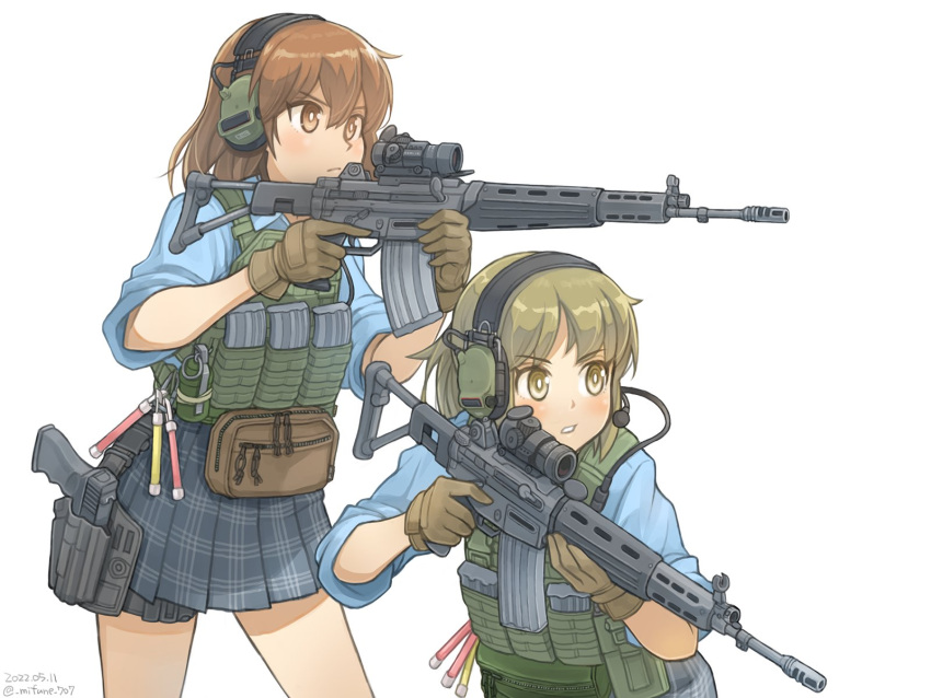 2girls assault_rifle bangs black_skirt blue_shirt blush brown_eyes brown_gloves brown_hair dated eyebrows_visible_through_hair fanny_pack gloves gun handgun headset highres holding holding_gun holding_weapon holstered_weapon mifune_(_mifune_707) multiple_girls original parted_lips pistol plaid plaid_skirt rifle scope shirt skirt trigger_discipline twitter_username weapon weapon_request white_background