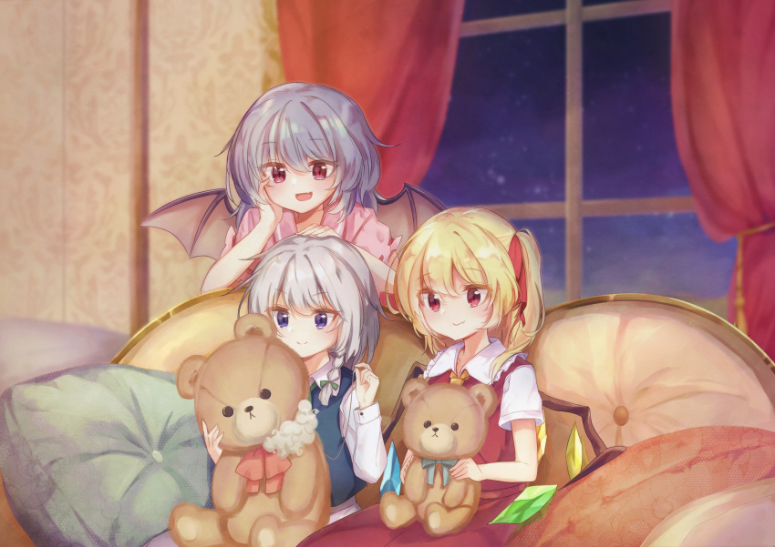 3girls :d absurdres ascot bat_wings blonde_hair blue_eyes blue_hair blue_vest blush bow braid closed_mouth collared_shirt commentary couch crystal curtains cushion fang flandre_scarlet frilled_shirt_collar frills green_bow grey_hair hair_between_eyes hair_bow hand_on_another's_head hand_on_own_cheek hand_on_own_face highres holding holding_needle holding_stuffed_toy indoors izayoi_sakuya knitting knitting_needle kutabiretainu looking_at_object medium_hair multiple_girls needle night night_sky no_hat no_headwear on_couch one_side_up open_mouth pink_shirt red_eyes red_skirt red_vest remilia_scarlet shirt short_sleeves sitting skin_fang skirt sky sleeve_cuffs slit_pupils smile star_(sky) starry_sky string stuffed_animal stuffed_toy stuffing teddy_bear touhou twin_braids vest white_shirt window wings yellow_ascot younger