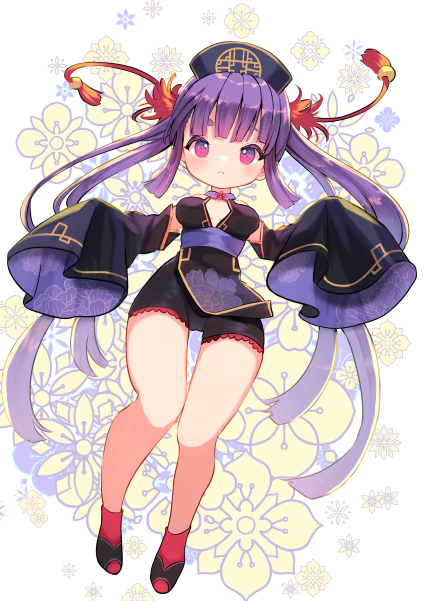 1girl absurdres arms_up bike_shorts black_headwear black_shirt black_shorts black_sleeves breasts detached_sleeves expressionless full_body hat highres jiangshi legs long_hair marekamico original purple_hair red_footwear sandals sash shirt shorts sleeves_past_wrists socks solo thigh_gap thighs twintails very_long_hair violet_eyes