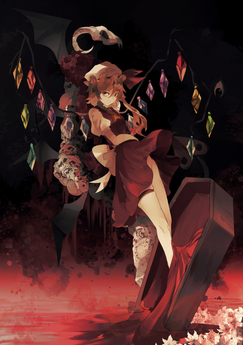1girl absurdres ascot bangs bat_wings blonde_hair closed_mouth coffin crystal english_commentary flandre_scarlet full_body hat highres looking_at_viewer medium_hair mob_cap naufaldreamer no_panties one_side_up red_eyes red_skirt skirt skull solo thigh_strap thighs touhou white_headwear wings yellow_ascot