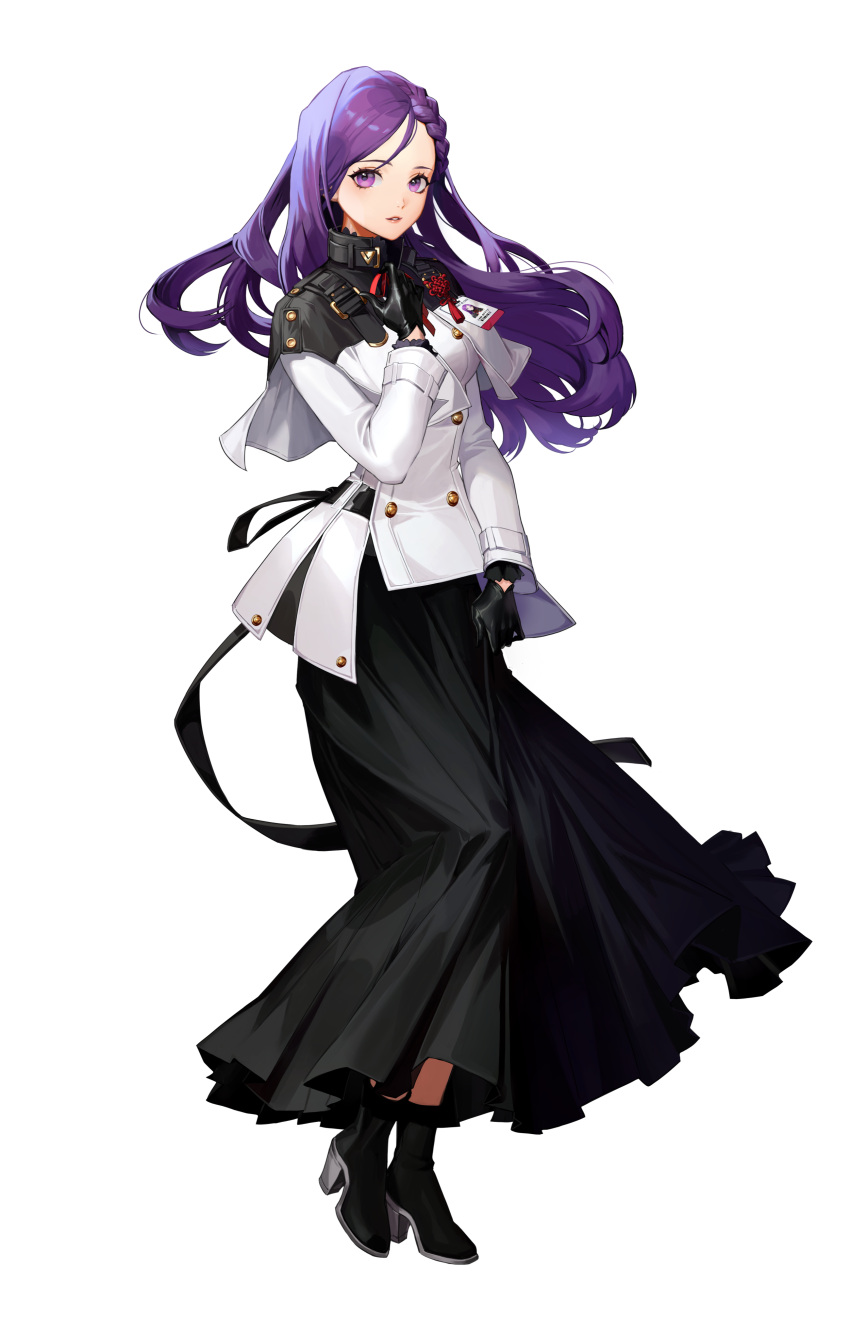 1girl absurdres ankle_boots artist_request black_footwear black_gloves black_skirt black_survival boots braid buttons chinese_knot coat double-breasted gloves highres hyejin_(black_survival) id_card long_hair long_skirt long_sleeves neck_ribbon official_art purple_hair red_ribbon ribbon simple_background skirt solo transparent_background violet_eyes