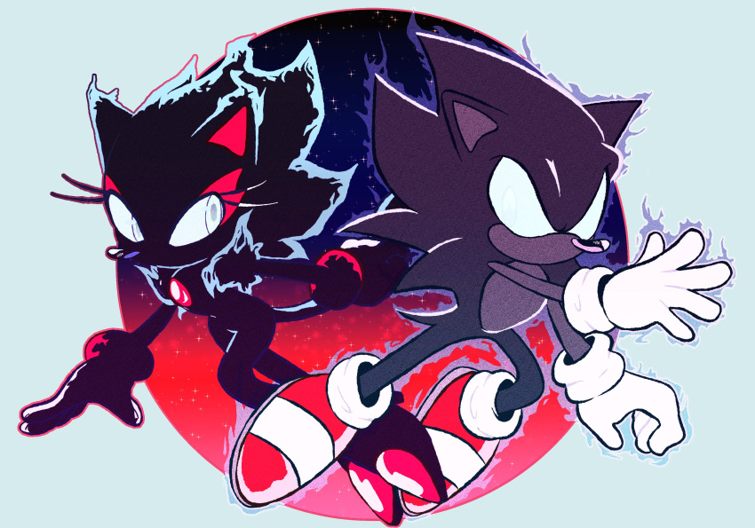 1boy 1girl animal_ears animal_nose aura black_fur black_hair blaze_the_cat blue_background blue_eyes blue_fur blue_sclera body_fur cat_ears cat_girl cat_tail chest_jewel colored_sclera dark_persona dark_sonic eye_contact full_body furry furry_female furry_male gloves highres jumping long_hair looking_at_another looking_to_the_side no_mouth prototype_blaze purple_fur purple_hair red_footwear round_image shoes socks sonic_(series) sonic_the_hedgehog sonic_x spiky_hair stellarspin symmetry tail white_gloves white_legwear