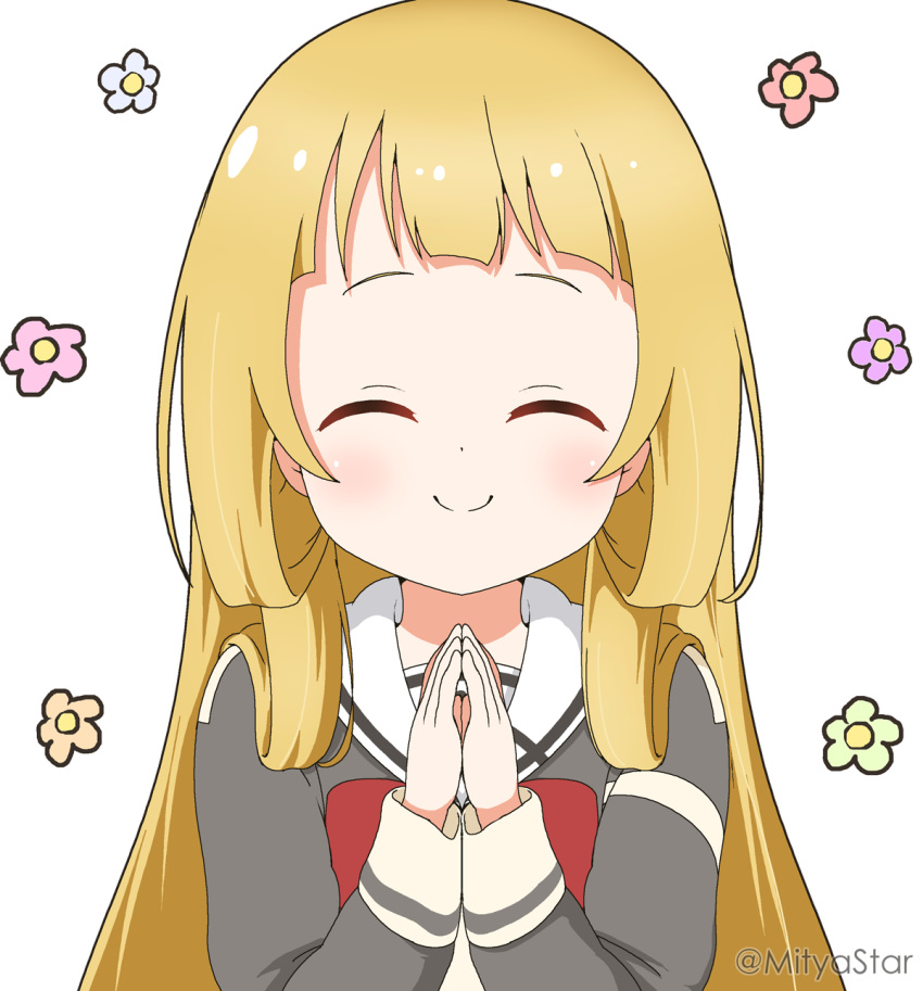 1girl ^_^ bangs blonde_hair blush bow closed_eyes closed_mouth commentary_request facing_viewer floral_background forehead grey_shirt hands_up highres long_hair long_sleeves mitya nogi_sonoko own_hands_together red_bow sailor_collar shirt simple_background solo twitter_username upper_body white_background white_sailor_collar yuuki_yuuna_wa_yuusha_de_aru yuusha_de_aru