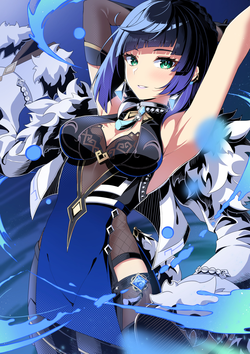 1girl absurdres armpits arms_up asymmetrical_legwear bangs black_gloves blue_hair blue_legwear blush breasts elbow_gloves genshin_impact gloves green_eyes highres large_breasts looking_at_viewer mole mole_on_breast parted_lips short_hair single_thighhigh solo thigh-highs vision_(genshin_impact) yelan_(genshin_impact) yuito_(yuitokobunasbs0)