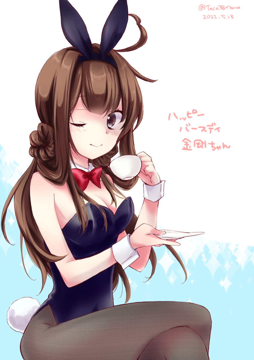 absurdres alternate_costume animal_ears black_legwear black_leotard blue_background bow bowtie breasts brown_hair covered_navel cup dated detached_collar double_bun fake_animal_ears gradient gradient_background hair_between_eyes highres holding holding_cup kantai_collection kongou_(kancolle) leotard long_hair looking_at_viewer medium_breasts momokaze_kuri one_eye_closed pantyhose plate playboy_bunny rabbit_ears rabbit_tail strapless strapless_leotard tail teacup twitter_username violet_eyes white_background