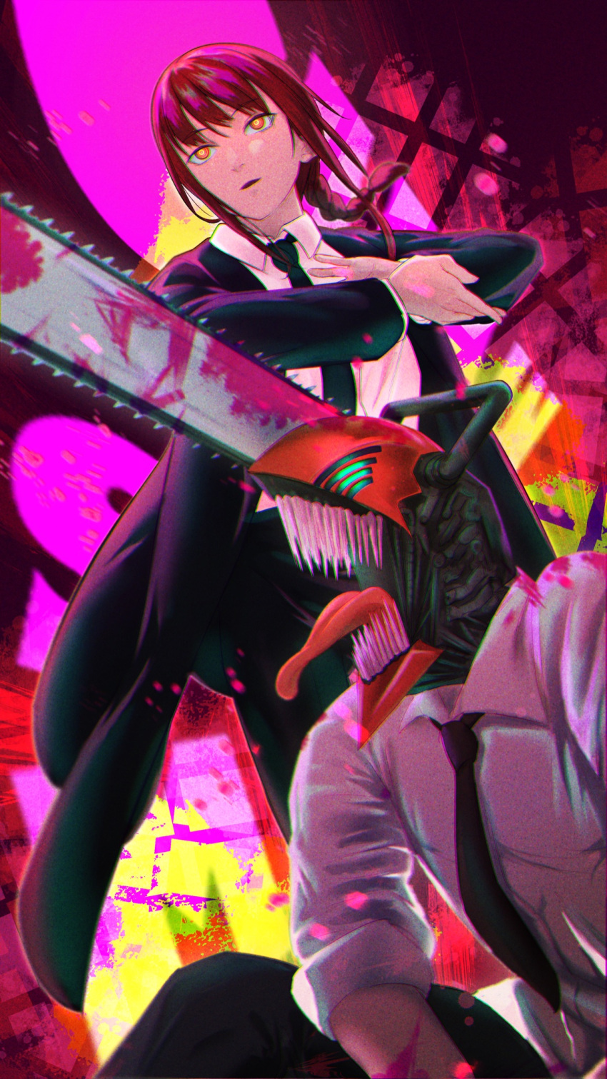 1boy 1girl bangs black_coat black_necktie black_pants blood blood_on_clothes blood_on_face blood_on_weapon braid braided_ponytail business_suit chainsaw chainsaw_man coat denji_(chainsaw_man) formal highres kneeling makima_(chainsaw_man) necktie open_mouth own_hands_together pants ponytail redhead ringed_eyes sharp_teeth sleeves_rolled_up stylized_blood suit teeth toyaboku weapon yellow_eyes