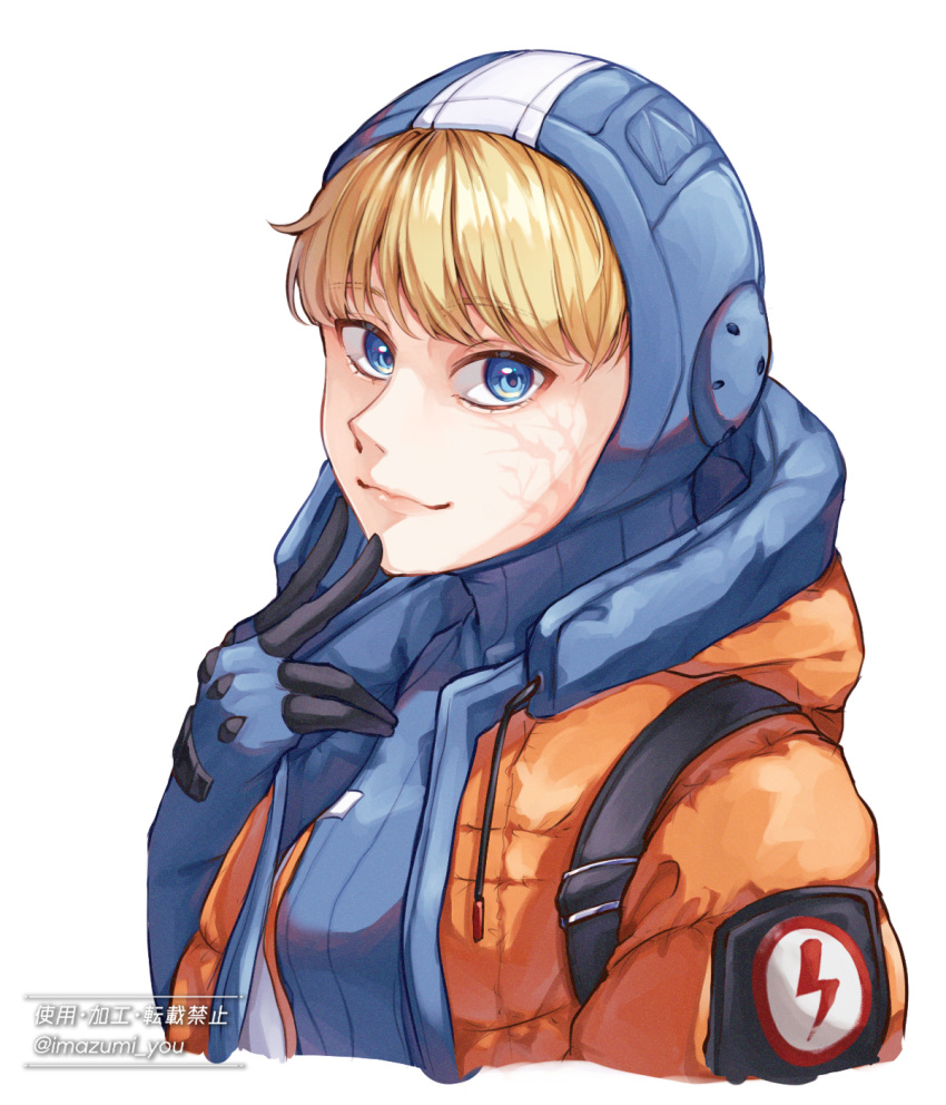 1girl apex_legends blonde_hair blue_eyes blue_gloves blue_headwear bodysuit from_side gloves head_tilt highres hood hooded_jacket imazumi_you jacket lightning_bolt_symbol looking_at_viewer orange_jacket portrait ribbed_bodysuit scar scar_on_cheek scar_on_face smile solo twitter_username wattson_(apex_legends) white_background