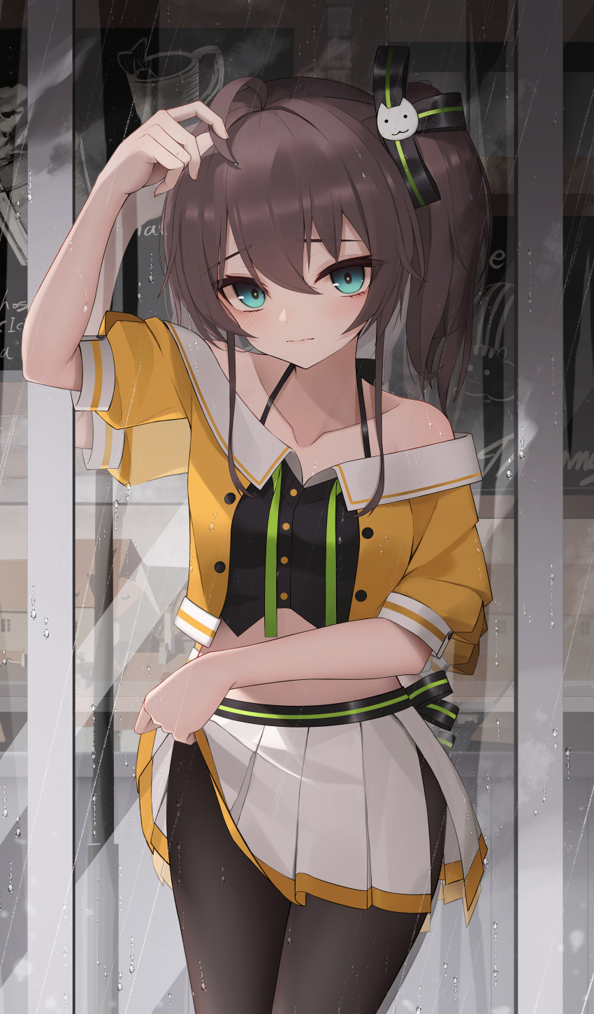 1girl absurdres against_window ahoge arm_up bare_shoulders black_legwear black_ribbon blue_eyes blush breasts brown_hair closed_mouth collarbone commentary_request cowboy_shot crop_top hair_ribbon highres hololive looking_at_viewer midriff miniskirt natsuiro_matsuri off-shoulder_shirt off_shoulder outdoors pantyhose pleated_skirt rain ribbon shirt short_hair short_sleeves side_ponytail side_slit skirt skirt_hold small_breasts solo thomas_8000 virtual_youtuber white_skirt yellow_shirt