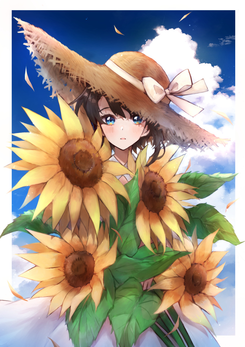 1girl absurdres bangs black_hair blue_sky clouds cloudy_sky dress flower green_eyes hat highres holding holding_flower hololive looking_at_viewer mashiro_io oozora_subaru open_mouth outdoors short_hair sky solo straw_hat sundress sunflower virtual_youtuber white_dress