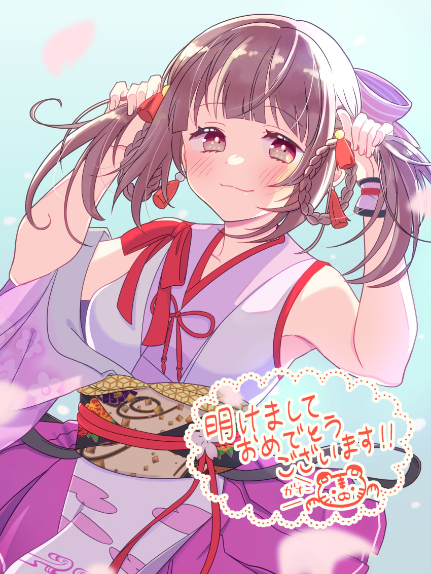 1girl absurdres bangs blunt_bangs blush bow braid brown_eyes brown_hair bunching_hair closed_mouth collarbone commentary_request etra-chan_wa_mita! etra_(etra-chan_wa_mita!) eyebrows_visible_through_hair hair_bow highres long_hair nyako_(lhq3p) pink_skirt red_bow red_ribbon ribbon skirt sleeveless smile solo translation_request
