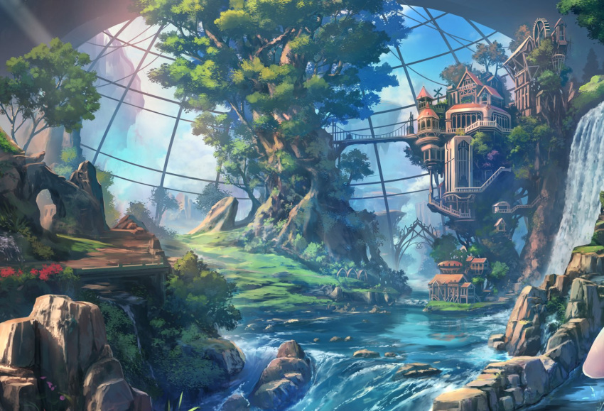 arch blue_sky bridge building clouds day dome fantasy flower gable_roof gazebo gears highres light_rays original out_of_frame outdoors river rock scenery sky soraizumi sunlight tree treehouse unfinished water waterfall