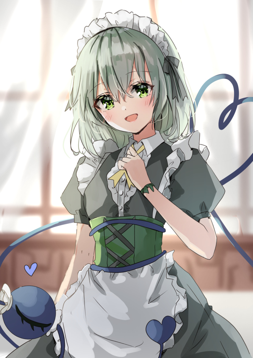 1girl alternate_costume apron bangs black_ribbon blurry blurry_background blush collared_dress cowboy_shot dress eyebrows_visible_through_hair frilled_dress frills green_dress green_eyes green_hair hair_ribbon heart highres komeiji_koishi looking_at_viewer maid maid_headdress open_mouth puffy_sleeves ribbon shironeko_yuuki short_hair short_sleeves smile solo third_eye touhou waist_apron white_apron wrist_bow wrist_ribbon yellow_ribbon