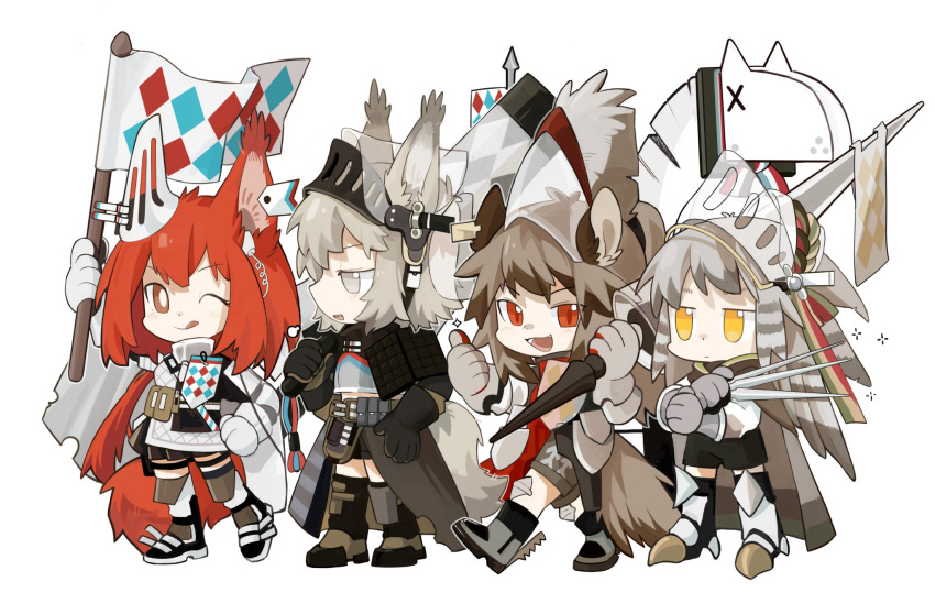 4girls :d ;q =3 animal_ears arknights armor ashlock_(arknights) black_footwear black_gloves black_skirt boots brown_eyes brown_hair chibi ear_covers ear_tag fartooth_(arknights) feather_hair flag flametail_(arknights) full_body gloves grey_hair hand_on_hip hand_up highres holding holding_flag holding_knife holding_polearm holding_weapon horse_ears horse_girl horse_tail jitome knife lance licking_lips long_hair looking_at_viewer mechanical_owl multiple_girls one_eye_closed open_mouth pleated_skirt polearm red_eyes redhead shirt short_hair_with_long_locks sign simple_background skirt smile sparkle squirrel_ears squirrel_girl tail thigh-highs thigh_strap thumbs_up tongue tongue_out visor_(armor) visor_lift walking weapon white_background white_gloves white_legwear white_shirt wild_mane_(arknights) yellow_eyes