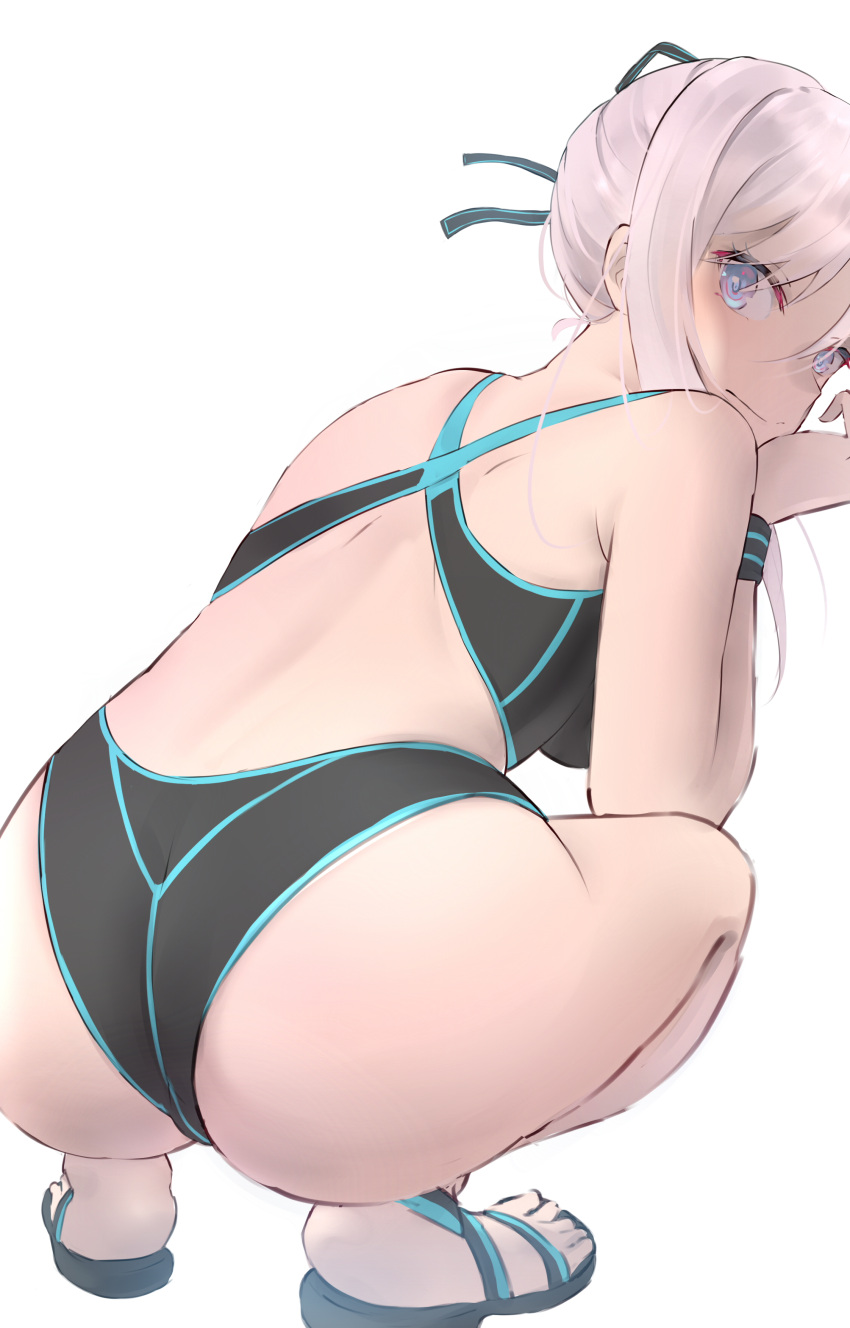 1girl absurdres ass bangs black_ribbon black_swimsuit blue_eyes closed_mouth competition_swimsuit fate/grand_order fate_(series) from_behind hair_between_eyes hair_ribbon highres long_hair looking_at_viewer looking_back miyamoto_musashi_(fate) miyamoto_musashi_(swimsuit_berserker)_(fate) one-piece_swimsuit ribbon rin_(fimoxrin) shoulder_blades sidelocks simple_background solo squatting swimsuit white_background white_hair wristband