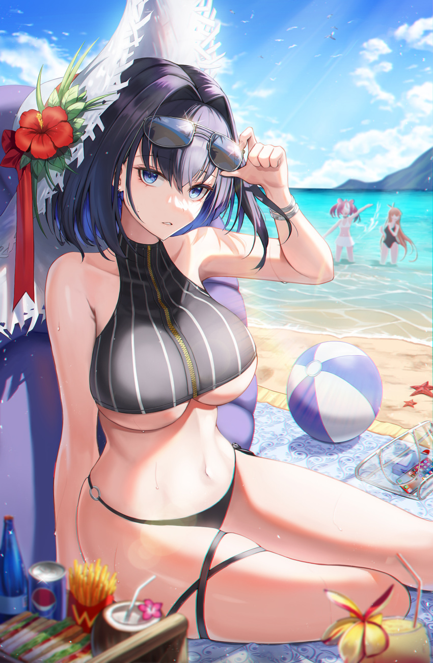 3girls ball bangs bare_arms bare_shoulders beach beach_towel beachball bikini bikini_skirt black_bikini black_hair black_swimsuit blue_eyes blue_sky breasts can character_request commentary day eyewear_on_head fall_(aki) flower food french_fries hair_between_eyes hair_intakes hakos_baelz hat hat_flower hibiscus highres hololive hololive_english large_breasts long_hair looking_at_viewer multiple_girls nanashi_mumei navel o-ring o-ring_bikini ocean one-piece_swimsuit orange_hair ouro_kronii outdoors parted_lips pepsi red_flower redhead short_hair sitting skirt sky soda_can starfish stomach sunglasses swimsuit thigh-highs thighs towel twintails under_boob very_long_hair wading water wcdonalds white_bikini white_headwear white_skirt