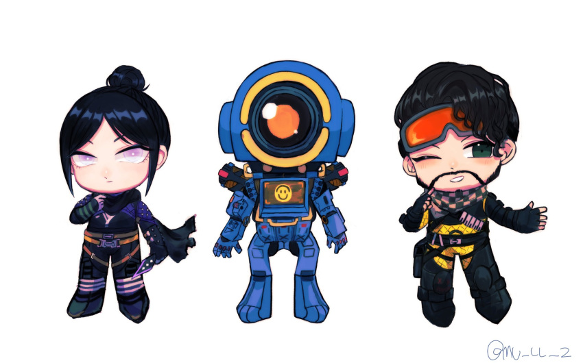 1girl 2boys apex_legends black_bodysuit black_gloves black_hair black_scarf bodysuit brown_hair checkered_clothes checkered_scarf facial_hair fingerless_gloves gloves goatee goggles goggles_on_head green_eyes green_scarf hair_bun highres holding holding_knife humanoid_robot knife kunai mirage_(apex_legends) mull_(mu_ll_2) multiple_boys one-eyed one_eye_closed open_hand pathfinder_(apex_legends) scarf science_fiction smile violet_eyes weapon wraith's_kunai wraith_(apex_legends) yellow_bodysuit