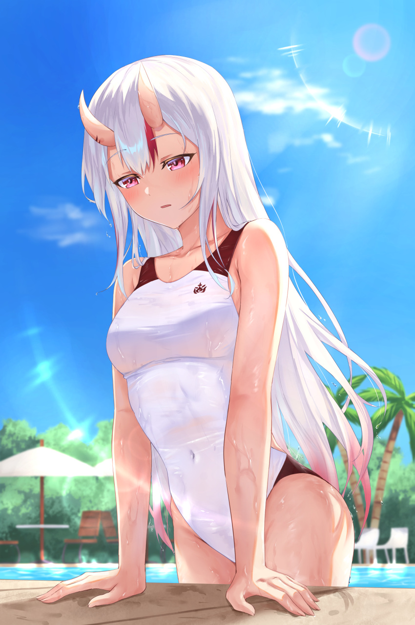 1girl absurdres bangs bare_arms blue_sky blush breasts collarbone competition_swimsuit covered_navel day eyebrows_visible_through_hair gradient_hair hair_between_eyes highres hololive horns leeshin0919 long_hair medium_breasts multicolored_hair nakiri_ayame one-piece_swimsuit oni_horns open_mouth outdoors pink_hair poolside red_eyes sky solo summer sweatdrop swimsuit very_long_hair virtual_youtuber white_hair white_swimsuit