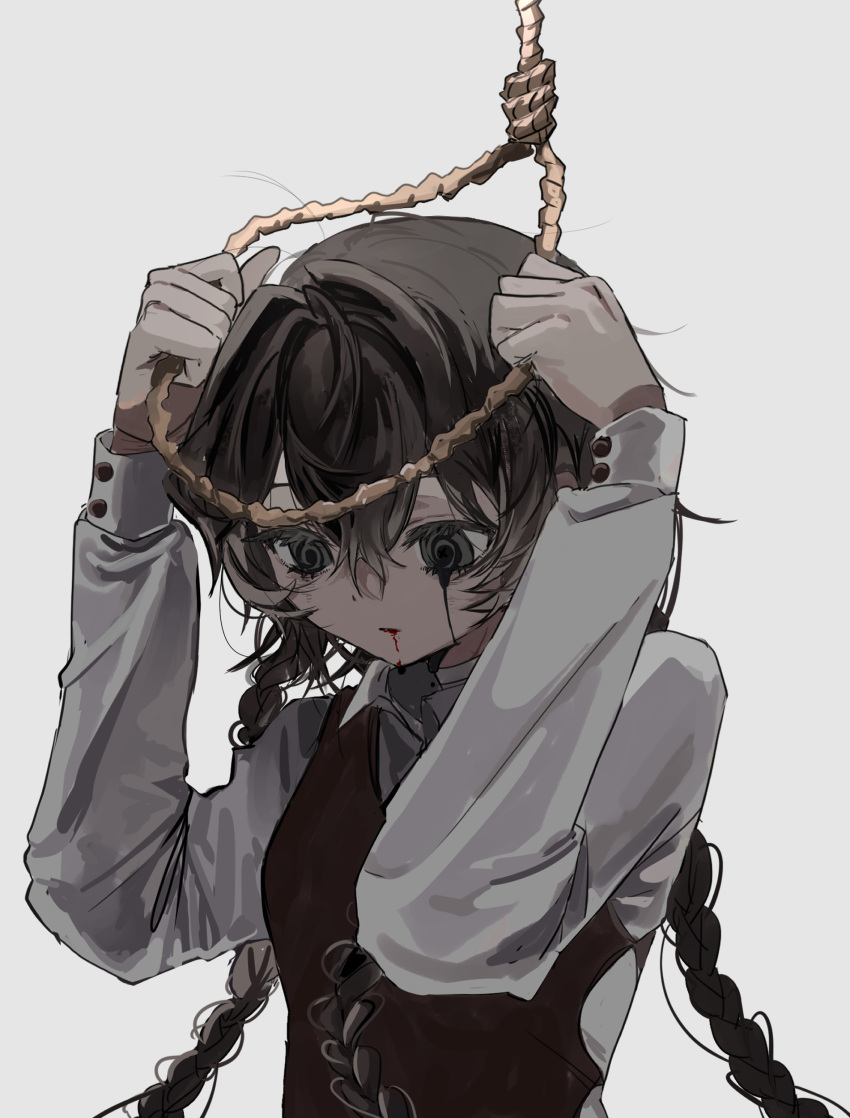 1girl absurdres blood blood_from_mouth bpm_0 braid brown_hair brown_vest collared_shirt crying crying_with_eyes_open grey_eyes hair_between_eyes highres limited_palette long_hair noose original runny_makeup shirt solo tears twin_braids upper_body very_long_hair vest white_shirt