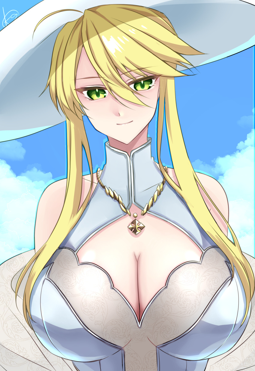 1girl absurdres ahoge artoria_pendragon_(fate) artoria_pendragon_(swimsuit_ruler)_(fate) bangs bare_shoulders blonde_hair blue_sky blush braid breasts cleavage_cutout clothing_cutout fate/grand_order fate_(series) french_braid green_eyes hair_between_eyes hair_bun hat highres jewelry kankitsu_kei large_breasts long_hair looking_at_viewer necklace one-piece_swimsuit sidelocks sky smile solo sun_hat swimsuit white_headwear white_swimsuit