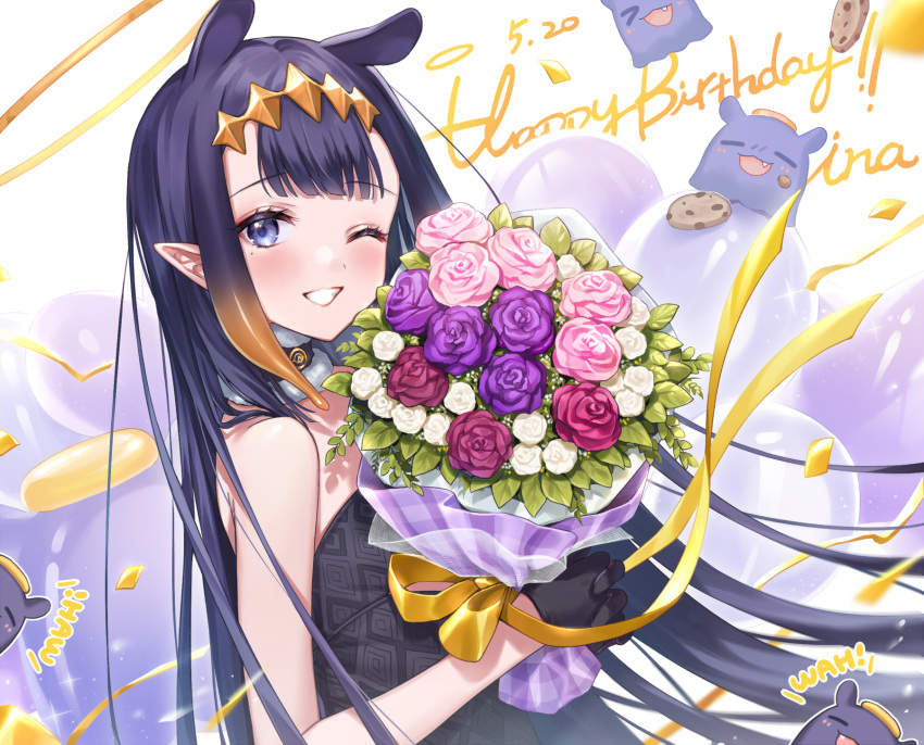 1girl bangs black_gloves blue_eyes blunt_bangs bouquet character_name clenched_teeth dark_blue_hair flower fur_choker gloves happy_birthday headpiece highres holding holding_bouquet hololive hololive_english long_hair looking_at_viewer mole mole_under_eye ninomae_ina'nis one_eye_closed pink_flower pointy_ears purple_flower ribbon shiao smile solo tako_(ninomae_ina'nis) teeth tentacle_hair upper_body virtual_youtuber white_flower yellow_ribbon