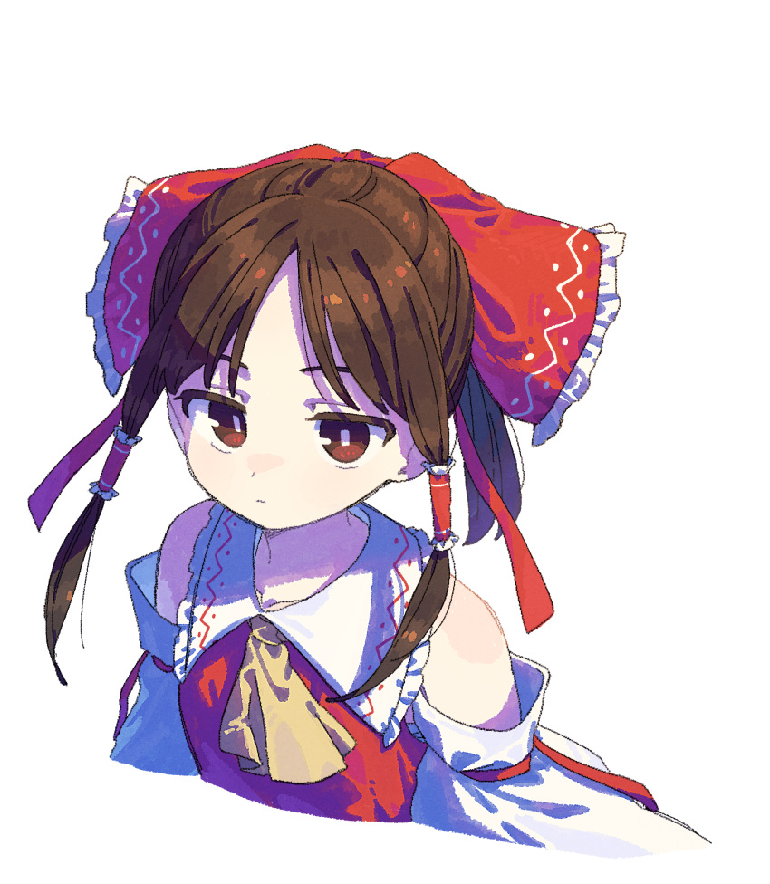 1girl ascot bow brown_eyes brown_hair cropped_torso detached_sleeves expressionless frills hair_bow hair_tubes hakurei_reimu highres long_hair looking_at_viewer nama_udon ribbon_trim sidelocks solo touhou upper_body white_background