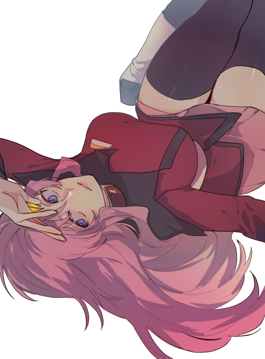 1girl absurdres bangs black_legwear blue_eyes closed_mouth cosplay gundam gundam_seed gundam_seed_destiny hair_between_eyes highres jacket lacus_clyne long_hair looking_at_viewer lunamaria_hawke lunamaria_hawke_(cosplay) lying miniskirt on_back otenki93 pink_hair pink_skirt red_jacket skirt solo thigh-highs very_long_hair zettai_ryouiki