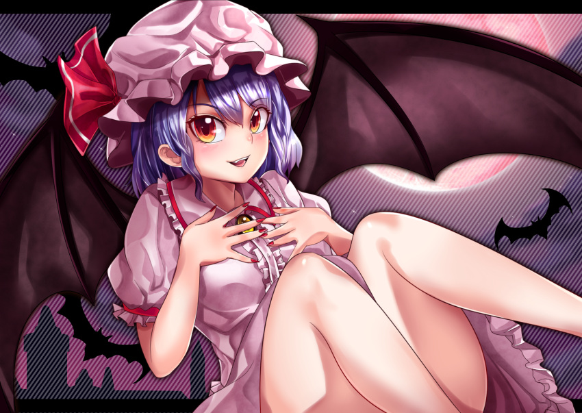 1girl bat bat_wings blue_hair breasts brooch center_frills collared_shirt commentary_request convenient_censoring diagonal_stripes eyebrows_visible_through_hair feet_out_of_frame fingernails frilled_shirt_collar frilled_sleeves frills hair_between_eyes hands_on_own_chest hat highres jewelry legs legs_up looking_at_viewer maboroshi_mochi mob_cap moon nail_polish open_mouth orange_eyes pink_headwear pink_shirt pink_skirt puffy_short_sleeves puffy_sleeves purple_hair red_moon red_nails remilia_scarlet sharp_fingernails shirt short_hair short_sleeves skirt small_breasts solo striped striped_background teeth thighs touhou upper_teeth wings yellow_brooch