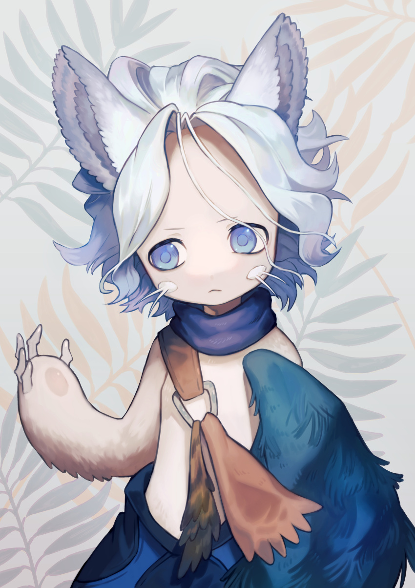 1other absurdres animal_ears bangs belafu_(human) blue_pants blue_scarf brown_fur closed_mouth commentary_request cowboy_shot eyebrows_visible_through_hair feathered_wings floral_background furrification furry hands_up highres light_blue_eyes light_blush made_in_abyss maromayu medium_hair other_focus pants parted_bangs scarf shoulder_belt sideways_glance solo topless wavy_hair winged_arms wings younger