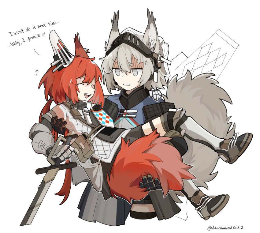2girls :d ^_^ anger_vein animal_ears arknights ashlock_(arknights) black_legwear brown_bag carrying carrying_person closed_eyes cropped_legs ear_covers ear_tag english_text flametail_(arknights) gauntlets grey_hair highres jitome mechanical_owl multiple_girls open_mouth oripathy_lesion_(arknights) pouch redhead shaded_face short_hair short_hair_with_long_locks simple_background smile squirrel_ears squirrel_girl squirrel_tail sword tail teeth thigh-highs twitter_username upper_teeth v-shaped_eyebrows visor_(armor) visor_lift weapon white_background