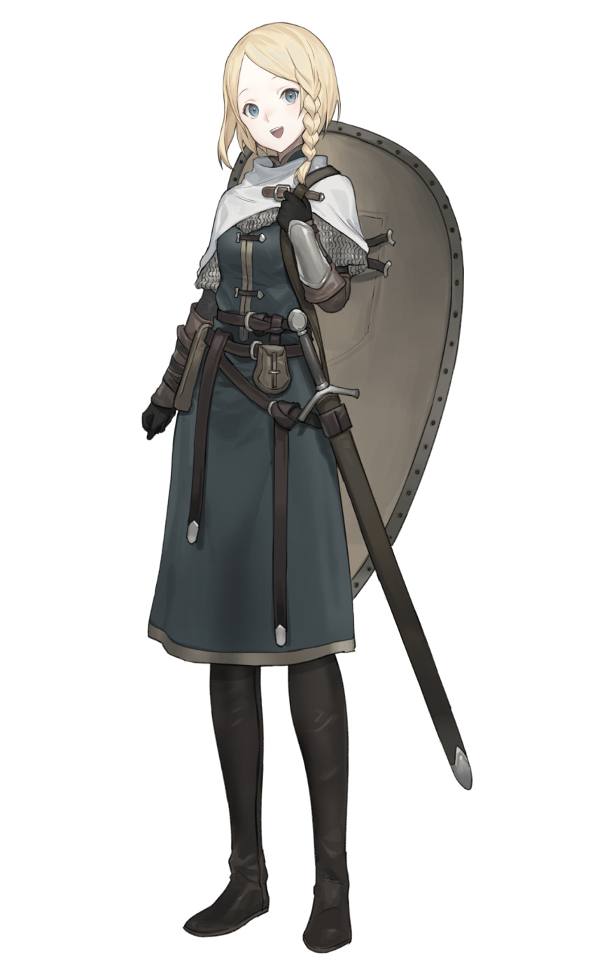 1girl :d armor bangs belt belt_pouch blonde_hair blue_eyes boots braid chainmail commentary_request full_body highres km_yama looking_at_viewer original parted_bangs pouch sheath sheathed shield short_hair single_braid smile solo standing sword teeth upper_teeth vambraces weapon white_background