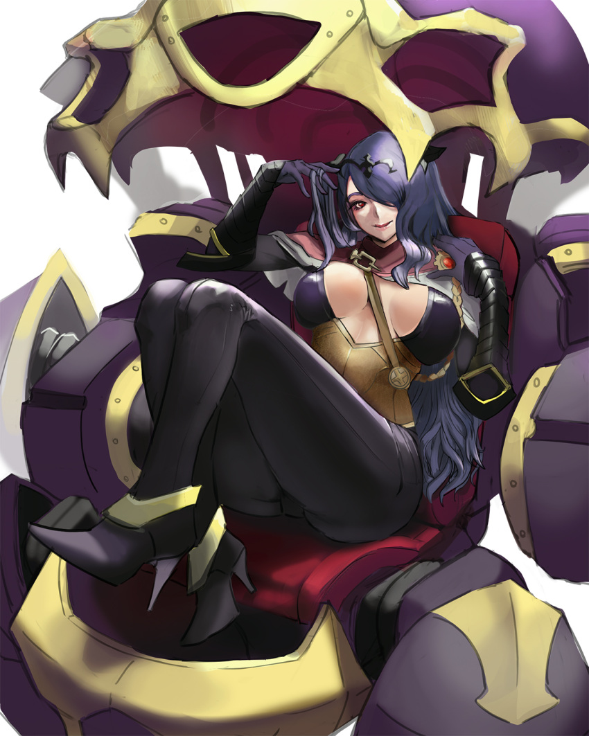 1girl alternate_costume breasts camilla_(fire_emblem) closed_mouth fire_emblem fire_emblem_fates fire_emblem_heroes gloves hair_over_one_eye high_heels highres large_breasts looking_at_viewer purple_hair tiara ulee1006