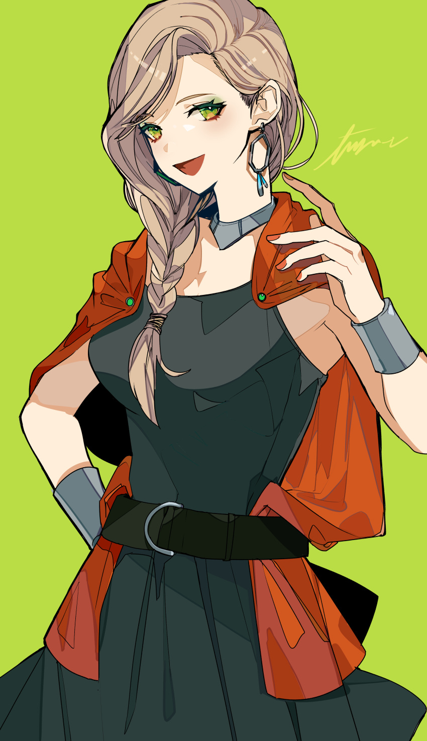 1girl absurdres belt bianca_(dq5) blonde_hair bracelet braid braided_ponytail breasts cape choker dragon_quest dragon_quest_v dress earrings green_background green_dress green_eyes highres jewelry kazuha_(kazuha1003) large_breasts long_hair open_mouth orange_cape red_nails side_ponytail sleeveless sleeveless_dress solo