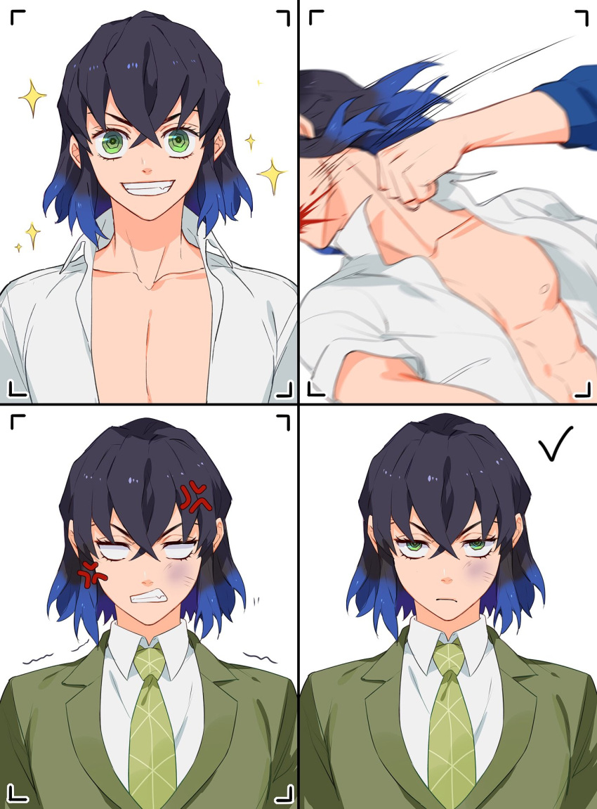 1boy anger_vein angry bangs black_hair blank_eyes blonde_hair blood blue_hair bruise bruise_on_face clenched_hand clenched_teeth closed_mouth collared_shirt colored_tips crossed_bangs dress_shirt frown green_eyes green_necktie grin hair_between_eyes hashibira_inosuke highres in_the_face injury jitome kimetsu_gakuen kimetsu_no_yaiba looking_at_viewer male_focus maosen motion_lines multicolored_hair multiple_views necktie nipples open_clothes open_shirt out_of_frame punching school_uniform sequential shirt short_hair short_sleeves simple_background smile sparkle straight-on streaked_hair taking_picture teeth tomioka_giyuu trembling viewfinder white_background white_shirt