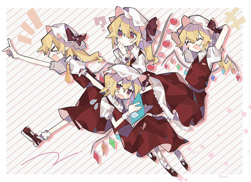 +++ 4girls :/ :d ? arms_behind_back ascot blonde_hair blush blush_stickers book bow clone closed_eyes closed_mouth collared_shirt commentary crystal d: fang flandre_scarlet four_of_a_kind_(touhou) full_body hat hat_bow heart highres holding holding_book looking_afar looking_at_viewer mamimu_(ko_cha_22) mary_janes medium_hair mob_cap multiple_girls notice_lines open_book open_mouth outstretched_arm puffy_short_sleeves puffy_sleeves red_bow red_eyes red_footwear red_skirt red_vest shirt shoes short_hair short_sleeves skin_fang skirt skirt_set smile socks touhou v-shaped_eyebrows vest white_headwear white_legwear white_shirt wings wrist_cuffs yellow_ascot