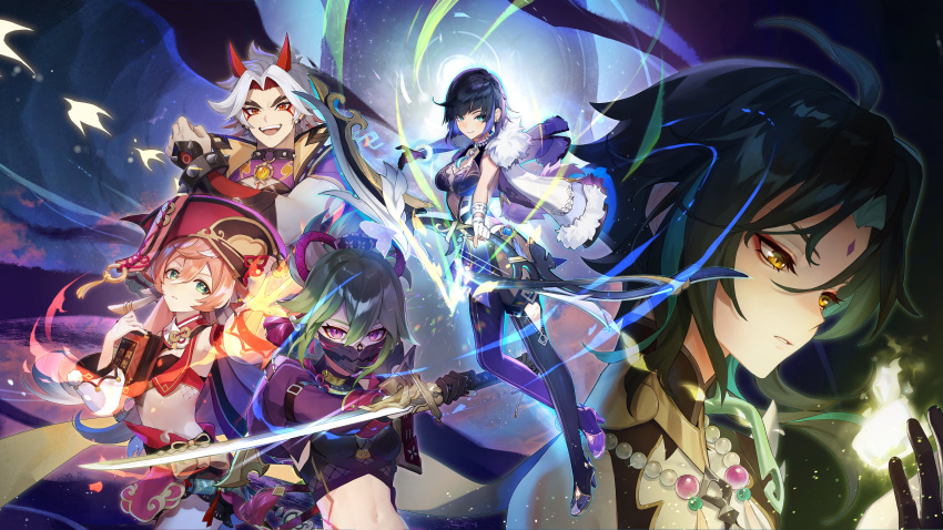 2boys 3girls absurdres aqua_eyes arataki_itto armor asymmetrical_gloves bangs bead_necklace beads black_hair blue_hair bob_cut book boots bow_(weapon) bracelet breasts coin_on_string collar colored_inner_hair detached_sleeves diagonal_bangs dice elbow_gloves facial_mark feather-trimmed_jacket fingerless_gloves forehead_mark fur_trim genshin_impact gloves green_hair high_heel_boots high_heels high_ponytail highres holding holding_book holding_bow_(weapon) holding_sword holding_weapon horns jacket jacket_on_shoulders japanese_armor jewelry katana kote kuki_shinobu kurokote long_hair long_sleeves looking_at_viewer looking_to_the_side makeup mask medium_breasts mole mole_on_breast multicolored_hair multiple_boys multiple_girls neck_ring necklace official_art oni oni_horns pink_eyes pink_hair red_eyeliner red_headwear red_horns redhead shirt short_hair single_elbow_glove sleeveless sleeveless_shirt slit_pupils smile spiked_bracelet spiked_collar spikes sword tassel_choker two-tone_hair vision_(genshin_impact) waist_cutout weapon white_gloves white_hair white_jacket xiao_(genshin_impact) yanfei_(genshin_impact) yelan_(genshin_impact) yellow_eyes