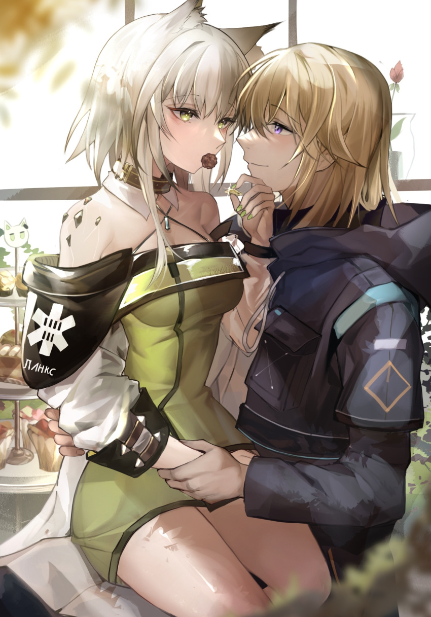 1boy 1girl animal_ears arknights bangs bare_shoulders black_jacket blonde_hair cat_ears commentary_request criss-cross_halter doctor_(arknights) dress eyebrows_visible_through_hair green_dress green_eyes halterneck highres jacket kal'tsit_(arknights) long_sleeves looking_at_another mouth_hold off_shoulder oripathy_lesion_(arknights) short_dress short_hair sitting sitting_on_lap sitting_on_person smile tabayashi thighs violet_eyes white_hair
