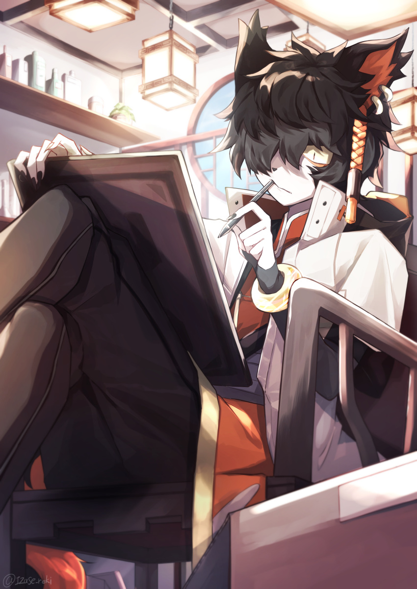 1boy aak_(arknights) absurdres animal_ears arknights bangs black_hair cat_boy cat_ears chair cowboy_shot crossed_legs from_below furry furry_male hair_over_one_eye highres indoors lamp male_focus paper pencil pencil_to_face short_hair sitting slit_pupils solo thinking user_mxtc5244