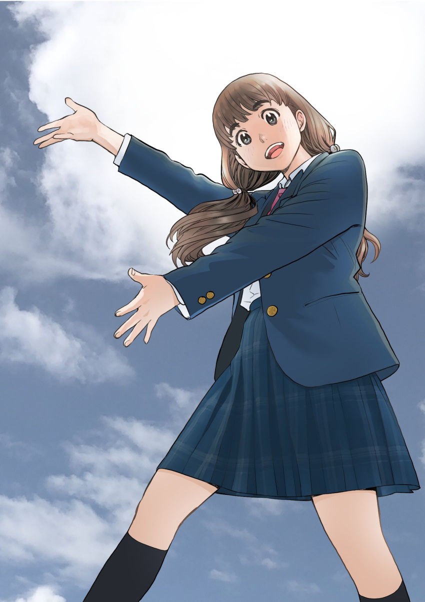 1girl black_legwear blue_skirt brown_hair clouds cloudy_sky from_below highres kimi_wa_sukinosaurus kneehighs looking_at_viewer looking_down low_twintails official_art open_mouth outdoors outstretched_arms school_uniform sekiguchi_taro shiraishi_momiji skirt sky solo twintails