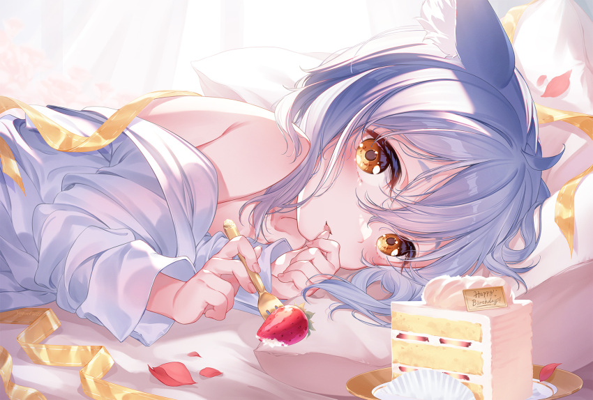 1girl animal_ears bare_shoulders blue_hair cake cat_ears finger_to_mouth fingernails food fork fruit grey_hair happy_birthday highres holding holding_fork long_sleeves looking_at_viewer lying on_stomach original pillow shirt strawberry suaynnai_wanzi white_shirt yellow_eyes