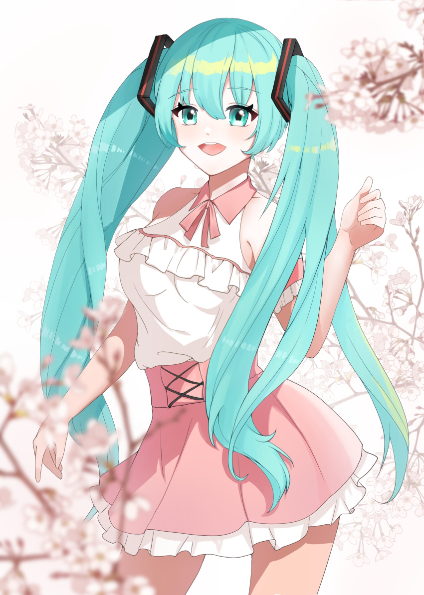 1girl 97_kim :d absurdres arm_strap bangs blue_eyes blue_hair blurry blurry_foreground contrapposto cowboy_shot eyebrows_visible_through_hair floating_hair frilled_skirt frills hair_between_eyes hair_ornament hatsune_miku highres long_hair miniskirt neck_ribbon open_mouth pink_ribbon pink_skirt ribbon shiny shiny_hair shirt skirt sleeveless sleeveless_shirt smile solo standing twintails very_long_hair vocaloid white_shirt wing_collar