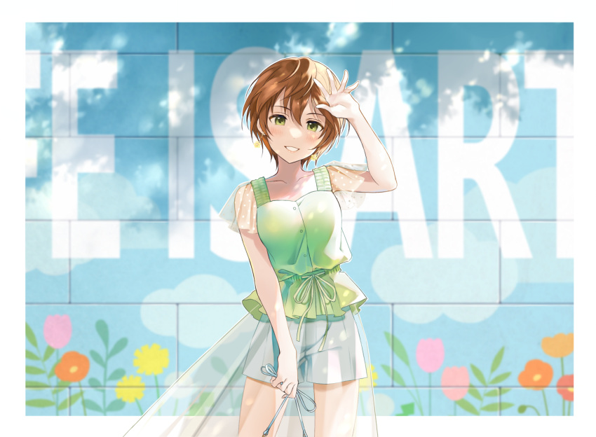 1girl bangs bob_cut border brown_hair collarbone cowboy_shot earrings green_eyes green_shirt grin hair_between_eyes idolmaster idolmaster_cinderella_girls jewelry looking_at_viewer q-v_(levia) see-through shirt short_hair short_shorts shorts smile solo standing white_border white_shorts yoshioka_saki