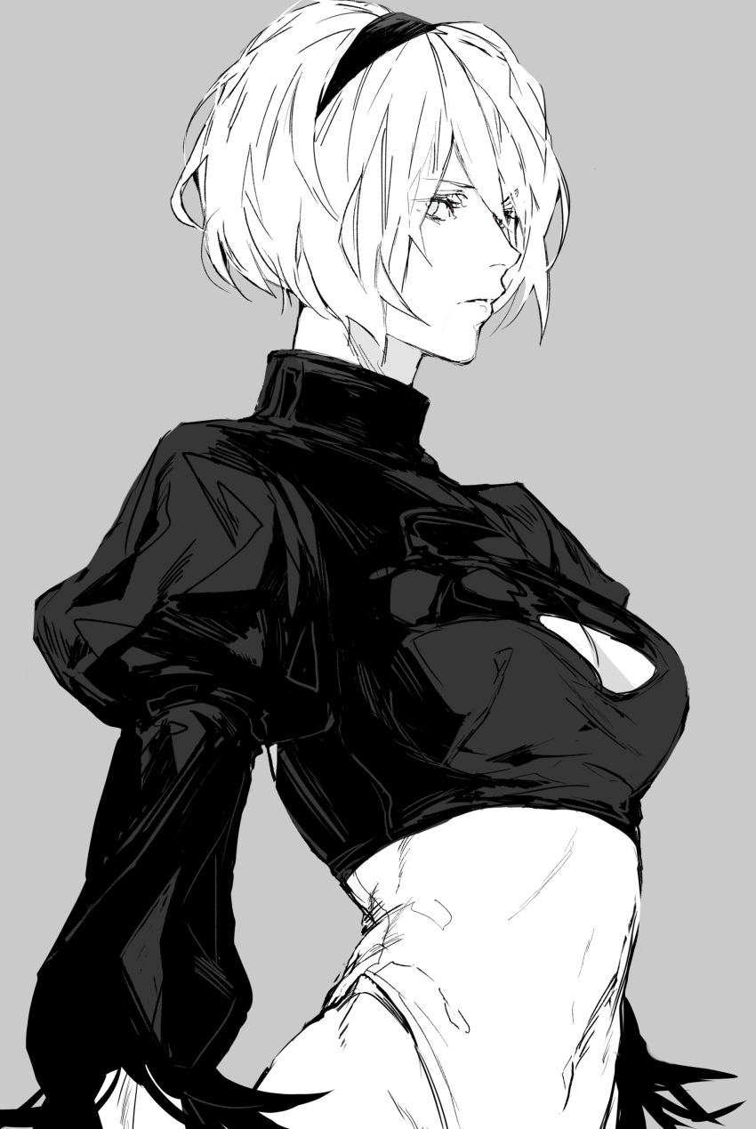 1girl absurdres bangs breasts cleavage_cutout closed_mouth clothing_cutout commentary feather_trim grey_background greyscale hair_ornament hairband highres leotard long_sleeves medium_breasts monochrome nier_(series) nier_automata nishiii26miii puffy_sleeves short_hair simple_background solo upper_body yorha_no._2_type_b
