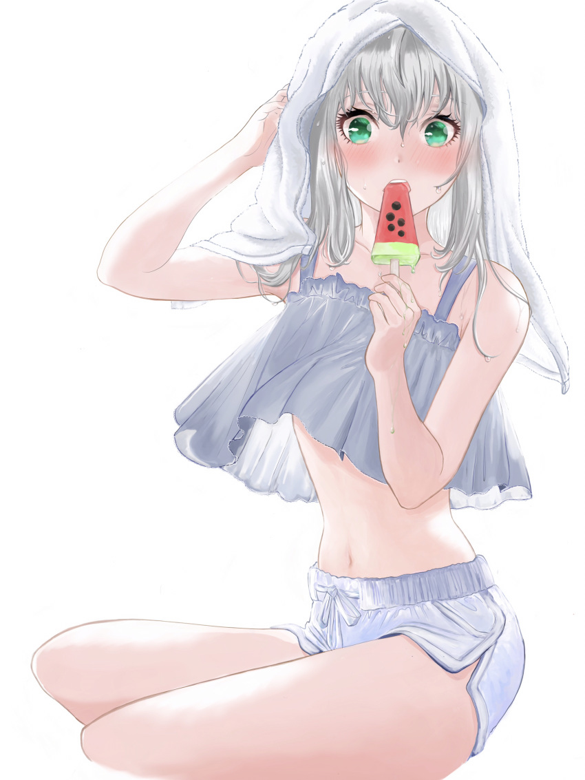 1girl bangs bare_arms bare_legs blush collarbone crop_top dolphin_shorts fate_(series) food gray_(fate) green_eyes hair_between_eyes highres long_hair looking_at_viewer lord_el-melloi_ii_case_files maru_(pjnh8882) midriff navel open_mouth popsicle ribbon short_shorts shorts simple_background sitting sleeveless solo stomach straight_hair towel towel_on_head watermelon_bar white_background white_hair white_ribbon white_shorts