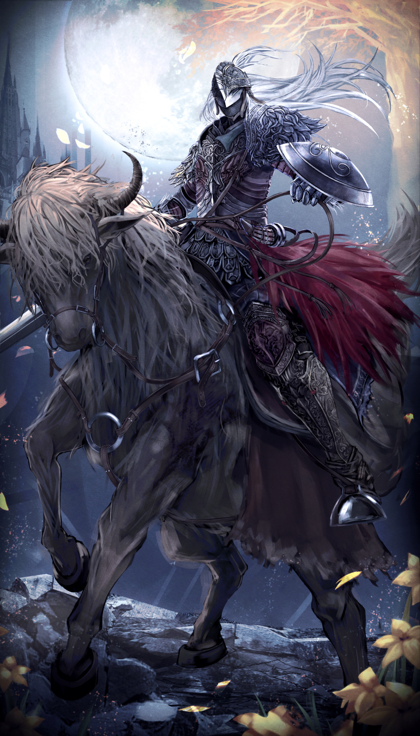 1other absurdres ambiguous_gender armor bloody_wolf_(elden_ring) cape cloak elden_ring full_armor gauntlets haikei_(le_gris_no9) helm helmet highres holding holding_sword holding_weapon horns horse horseback_riding looking_at_viewer moon riding sword tarnished_(elden_ring) torrent_(elden_ring) weapon