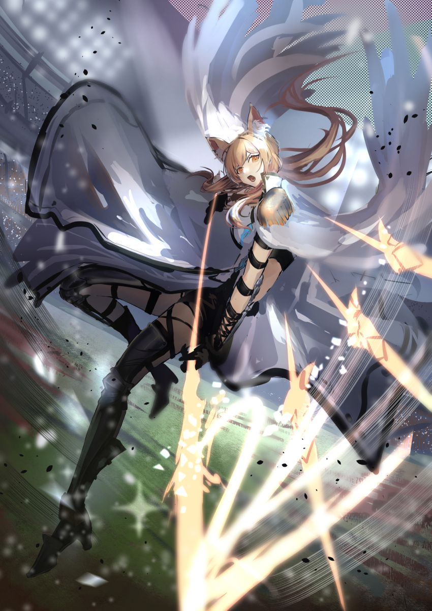 1girl animal_ear_fluff animal_ears arknights armored_boots black_gloves black_shorts blonde_hair boots coat commentary_request crowd dynamic_pose energy_spear energy_sword gloves grass highres holding holding_polearm holding_weapon horse_ears horse_girl long_coat natsuba002 nearl_(arknights) nearl_the_radiant_knight_(arknights) no_headwear open_mouth polearm shorts sleeveless solo spotlight stadium sword thigh-highs thigh_boots weapon white_coat yellow_eyes zettai_ryouiki