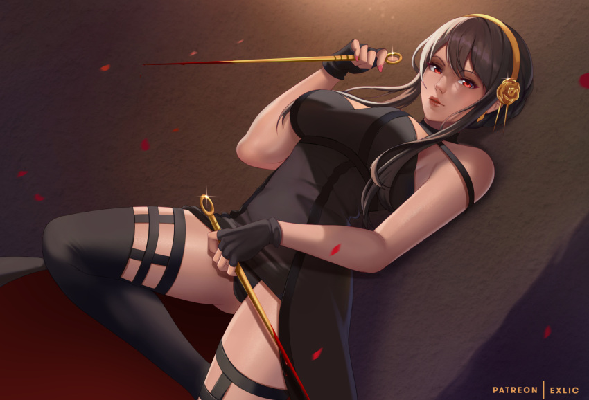 1girl black_dress black_hair black_panties blood blood_on_weapon dress dutch_angle exlic holding holding_weapon lips microdress panties pantyshot parted_lips red_eyes short_hair_with_long_locks solo spy_x_family strapless strapless_dress thigh-highs underwear weapon yor_briar