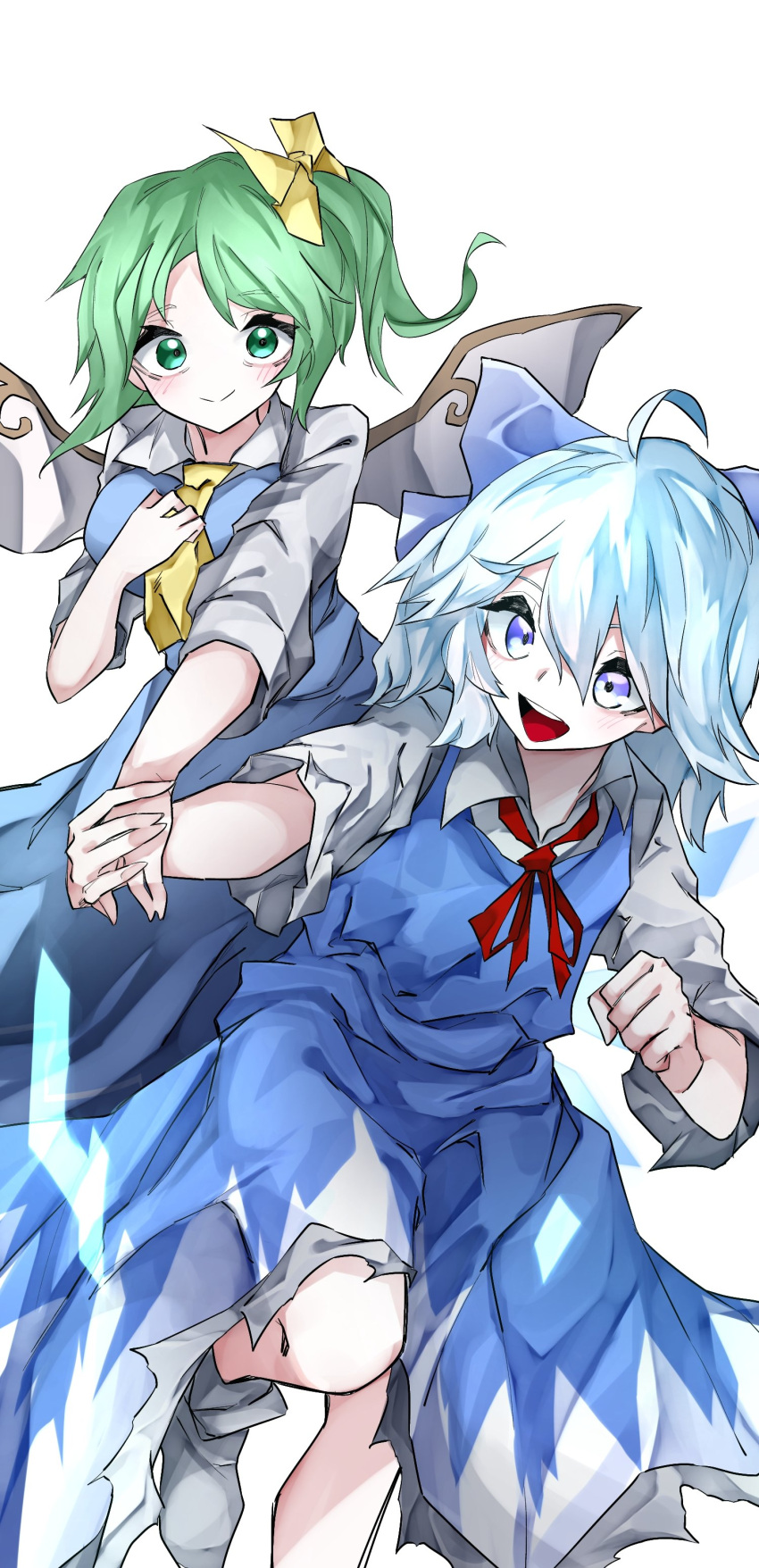 2girls absurdres ahoge ascot bangs blue_bow blue_dress blue_hair bow cirno clenched_hand collared_shirt commentary daiyousei dress eyebrows_visible_through_hair fairy_wings green_eyes green_hair hair_between_eyes hair_bow hand_on_own_chest highres holding_hands ice ice_wings looking_at_viewer multiple_girls neck_ribbon open_mouth parted_bangs ponytail red_ribbon ribbon shirt short_hair smile socks teeth touhou upper_teeth violet_eyes vivo_(vivo_sun_0222) white_background white_legwear wide_sleeves wings yellow_ascot yellow_bow