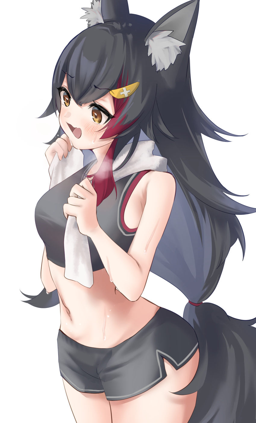 1girl absurdres animal_ear_fluff animal_ears bangs black_hair black_shirt black_shorts blush commentary_request crop_top eyebrows_visible_through_hair hair_between_eyes hair_ornament hairclip highres hololive long_hair multicolored_hair navel ookami_mio open_mouth redhead setokane shirt short_shorts shorts sidelocks simple_background solo streaked_hair sweat towel towel_around_neck very_long_hair virtual_youtuber white_background wolf_ears wolf_girl yellow_eyes